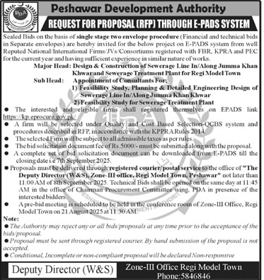 Peshawar Development Authority Tender Notice